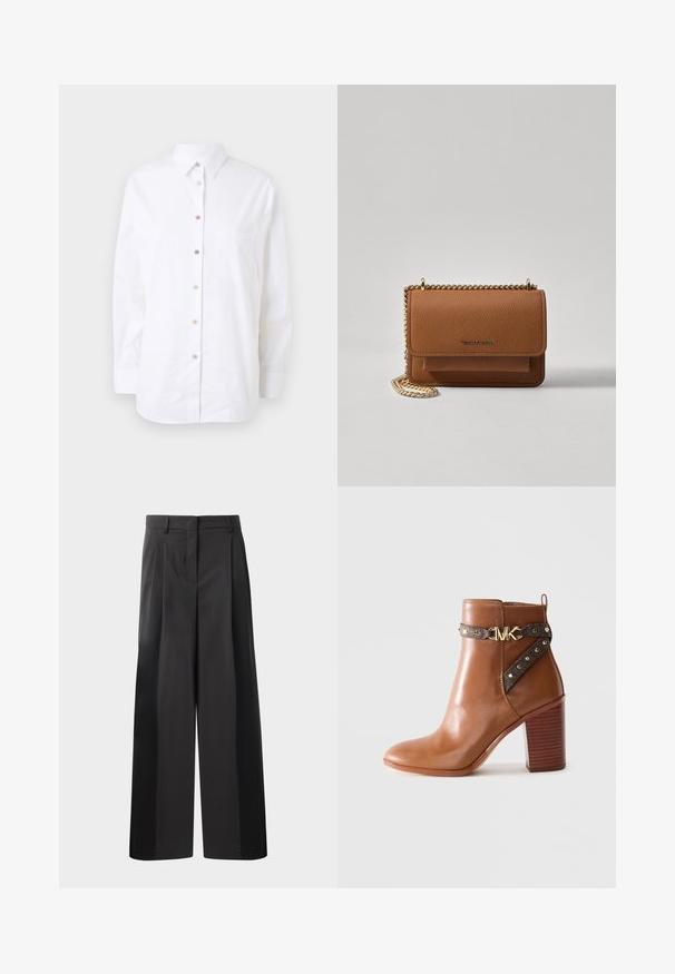 White long-sleeve shirt made of cotton. Features a button-up front with colored buttons, a chest pocket, and a classic collar.; Black wide-leg trousers with a high waist, featuring front pleats, a smooth texture, and a tailored finish. Designed for a relaxed fit.; Brown leather ankle boot with stacked block heel, side strap featuring gold studs and a gold "MK" logo buckle.; Brown textured leather crossbody bag with gold chain strap and flap closure. Front features logo detail and a pocket under the flap.
