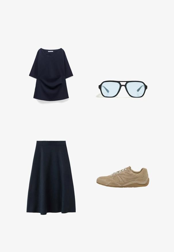 Mörkblå topp med V-ringning, korta ärmar och lös passform. Vertikalt randmönster, mjukt tyg och draperad frontdesign.; En mörk marinblå midijupe tillverkad av mjukt tyg, med en åtsittande midja och en utsvängd form, utan synliga mönster eller dekorationer.; Beige mockasinsneakers med låg profil, texturerad yta och vita snören. Har en böjd design och en gummisula för bra grepp.; Svarta solglasögon med rektangulära ramar, blåtonade linser och en karaktäristisk brodesign. Slät yta, diskret textur.; Taupe texturerad läderhandväska med topphandtag, justerbar axelrem och dekorativ knutdetalj på en ren vit bakgrund.
