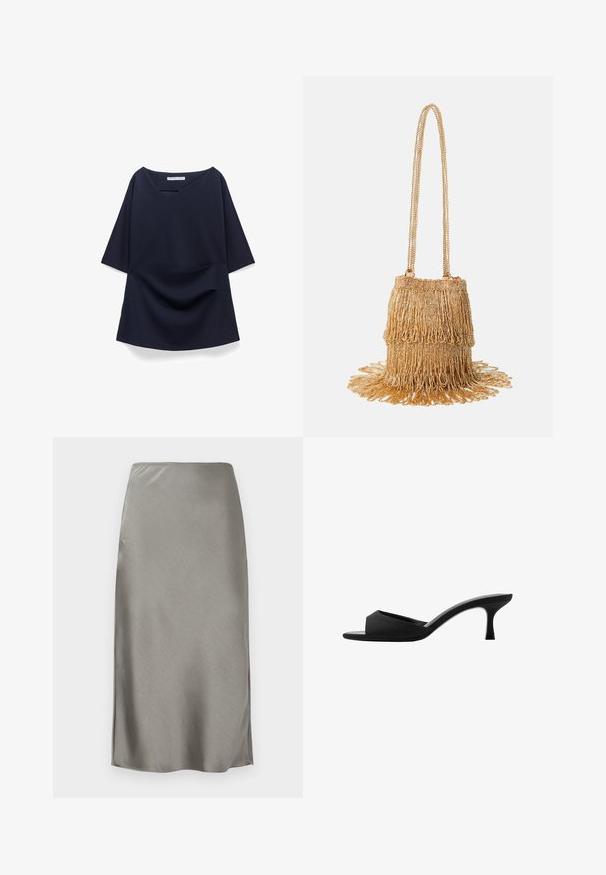 Maglietta blu navy con scollatura a V, maniche corte e vestibilità ampia. Motivo a righe verticali, tessuto morbido e design drappeggiato sul davanti.; Gonna midi in raso grigio con una texture liscia e elegante. Leggeri spacchi laterali che migliorano il movimento. Design minimalista, vita attillata e silhouette dritta.; Mule nere con tacco alto, dotate di una punta larga e aperta e di una parte superiore curva. Realizzate in tessuto texture, presentano un tacco sottile e una suola liscia.; Borsetta con perline dorate dal design frangiato; presenta una tracolla a catena e decorazioni testurizzate a strati che si estendono dalla base.