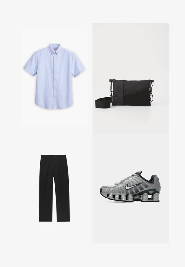 Helles blaues, kurzärmeliges Button-Up-Hemd aus Baumwolle. Verfügt über einen spitzen Kragen, eine vordere Knopfleiste und ein kleines Logo auf der Brust.; Weißes Baumwoll-Trägershirt mit Rundhalsausschnitt, breiten Trägern und geradem Saum, das eine glatte Textur aufweist und keine sichtbaren Muster hat.; Schwarze Hose mit geradem Schnitt, aus einem glatten Stoff gefertigt. Verfügt über Vorderfalten und einen einzelnen Knopfverschluss an der Taille.; Grauer und schwarzer Nike-Laufschuh mit sichtbarer federähnlicher Dämpfung unter der Sohle und einem weißen Swoosh-Logo an der Seite.; Schwarze Schultertasche aus strukturiertem Stoff, mit diagonaler Gestaltung, verstellbarem Riemen und Kordelzugverschluss an den Seiten.