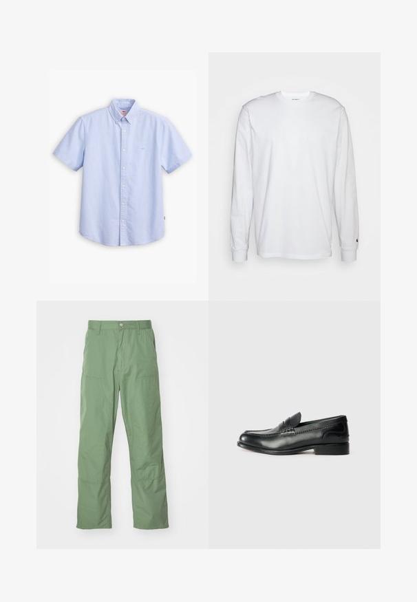 Camicia azzurra a maniche corte con bottoni, realizzata in cotone. Presenta un colletto a punta, una pattina con bottoni frontale e un piccolo logo sul petto.; T-shirt bianca a maniche lunghe realizzata in cotone. Design con collo rotondo, polsini a costine e un piccolo logo sulla manica sinistra. Texture liscia.; Pantaloni verdi chiaro, dal taglio morbido, caratterizzati da una superficie liscia, con tasche laterali e dettagli di cucitura in vista. A lunghezza intera con un design a gamba dritta.; Mocassini in pelle nera con finitura liscia, dettagli cuciti sulla parte superiore e tacco leggermente rialzato.