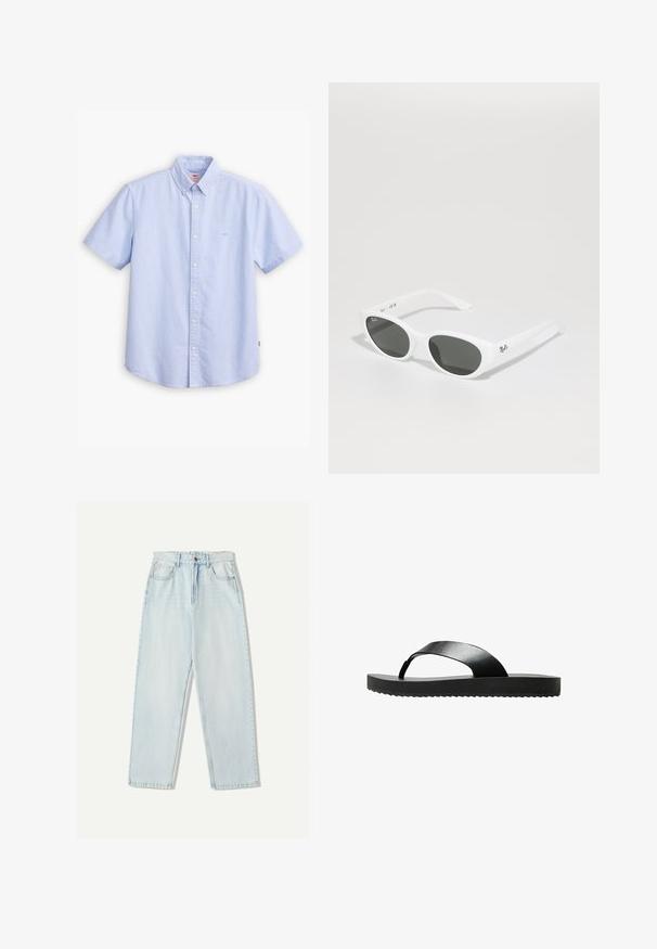 Lyseblå kortærmet skjorte med knapper lavet af bomuld. Har en spidset krave, front knaplukning og et lille logo på brystet.; Lys blå denim jeans med en afslappet pasform, lige ben design, fem-lomme stil og subtil falmning på stoffet.; Sort flip-flop sandal med flad sål, lavet af glat materiale. Har et minimalistisk design med en enkelt rem og struktureret underside.; Hvide solbriller med runde stel og mørke linser. Har en glat plastoverflade og et lille logo på stangen.