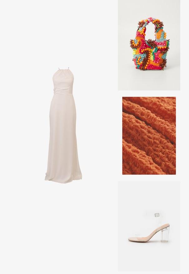 Texturierten Stoff in lebhaftem Orange mit einem welligen, gerippten Muster und einem weichen, plüschigen Aussehen. Ideal für Polsterungen oder Bekleidung.; Langes, haltertragendes Kleid aus weichem, cremefarbenem Stoff. Glatte Textur, enganliegendes Oberteil und fließender Rock mit leichtem Schleppe. Minimalistisches Design.; Durchsichtige Riemchensandale mit klarem Absatz und Blockabsatz. Sie verfügt über eine hellbeige Fußbett und einen sicheren Knöchelriemen. Modernes, elegantes Design.; Perlenhandtasche in lebhaften Farben: Pink, Orange, Blau und Braun. Strukturierte Oberfläche mit kreisförmigen Perlen und organischen Formen, stabile Griffe.