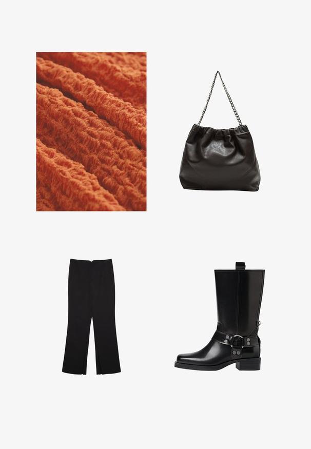 Tessuto testurizzato di un arancione vivace, con un motivo ondulato e rigato, dall'aspetto morbido e peloso. Ideale per tappezzeria o abbigliamento.; Pantaloni neri a gamba dritta, con tasche frontali e spacchi laterali all'orlo. Realizzati in tessuto morbido e liscio. Adatti a diverse occasioni.; Stivale in pelle nera alto fino al ginocchio con punta affusolata, dettagli in argento e tacco largo. Presenta un inserto per facilitare l'indossamento.; Borsa in pelle marrone con parte superiore arricciata e tracolla a catena. Texture liscia con finitura lucida e dettagli di cucitura sottili sui lati.