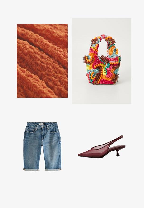 Textuurstof in feloranje, met een golvende, ribbelpatroon en een zachte, pluizige uitstraling. Ideaal voor bekleding of kleding.; Blauwe denim knielange shorts met een omgeslagen zoom, vijf zakken en een metalen knoopsluiting. Stof heeft een licht vervaagde uitstraling.; Bordeaux slingback pumps met een spitse neus en een bovenwerk van gaas. Beschikt over een slanke hak en uitsnijdingen, wat een elegante silhouet biedt.; Beaded handtas met levendige kleuren: roze, oranje, blauw en bruin. Getextureerd oppervlak met ronde kralen en organische vormen, stevige handvatten.