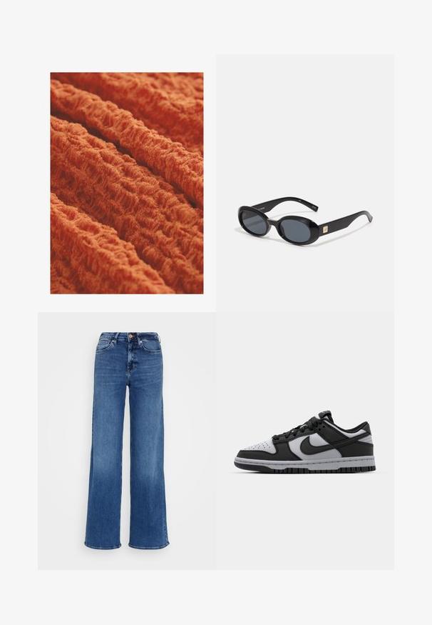 Tekstura tkanine u živopisnoj narančastoj boji, koja sadrži valoviti, rebrasti uzorak i ima mekan i plišan izgled. Idealna za tapaciranje ili odjeću.; Mid-plave traperice visokog struka s širokim nogavicama, na prekid s gumbom i zipom, te prednjim i stražnjim džepovima, na jednostavnoj svijetlosivoj pozadini.; Crne i sive Nike Dunk niske tenisice s perforiranim prstom, glatkim kožnim detaljima i gumenim potplatom s teksturiranim uzorkom.; Crne ovalne sunčane naočale s tamnim staklima, sjajnim plastičnim okvirom, širokim krakovima i malim zlatnim detaljem s jedne strane.