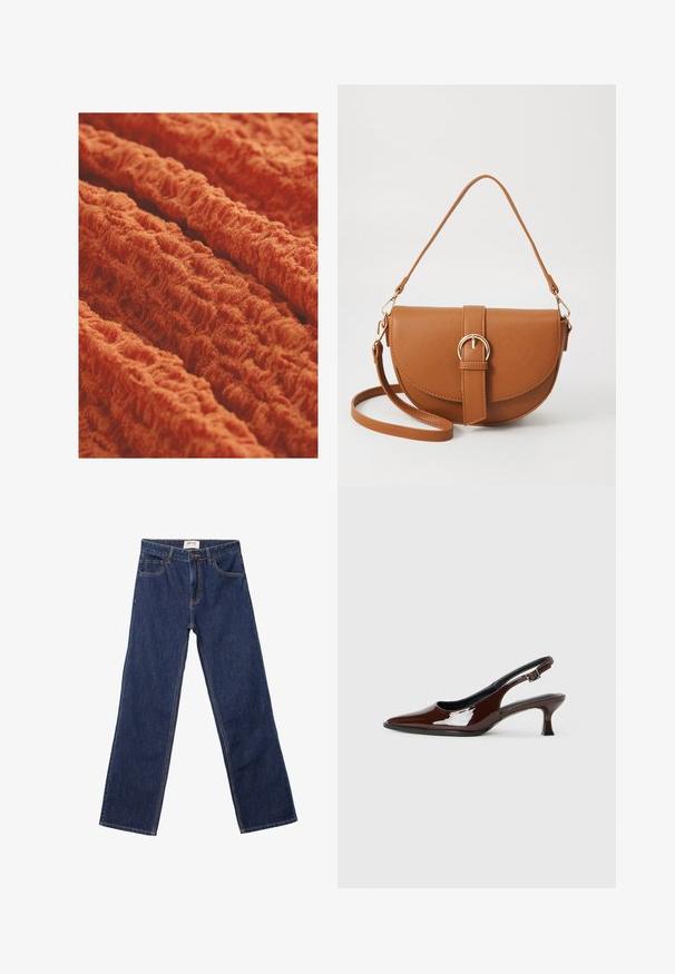 Tekstura tkanine v živahni oranžni barvi, ki vsebuje valovito, rebrasto strukturo ter mehak in plišast videz. Idealno za oblazinjenje ali oblačila.; Temno modri ravni jeans z sprednjimi žepi, zanke za pas in gumbnim zapiranjem.; Rjavi lakirani slingback čevelj z ostro konico in zmerno peto. Ima zaponko za varno prileganje. Gladka tekstura.; Rjava usnjena torbica prek telesa s ukrivljeno obliko, zlate opreme in sponko. Ima odstranljiv naramni trak.