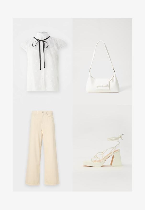 Blusa branca transparente com mangas curtas bufantes, gola alta, laço preto e pequenos padrões florais, apresentando botões de pérola na frente.; Jeans de perna larga bege feitos de algodão. Apresentam um fecho de botão, passadores para cinto e bolsos frontais com uma textura lisa e suave.; Sandálias brancas de salto alto com um salto robusto, apresentando um design com tiras e amarração no tornozelo. Textura suave com uma plataforma na frente para altura adicional.; Mala sintética branca com formato triangular, aba frontal plana e detalhe de laço, alça ajustável, textura suave e design minimalista.