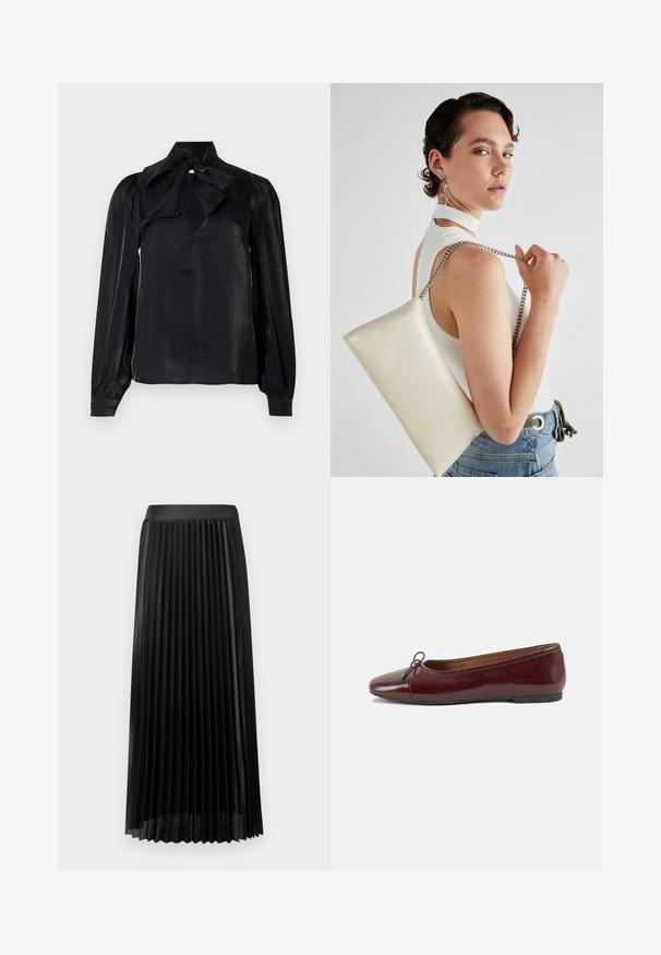 Juoda bliuska su kaklaraiščio apykakle ir ilgomis rankovėmis. Pagaminta iš lygaus audinio su švelniu blizgesiu. Turinti formos iškirptę ir ribotomis rankovėmis.; Juodos prigludusios sijonas su lygiu juosmeniu, pagamintas iš lengvos medžiagos. Pabrėžia aštrius vertikalius klostes ir vidutinio ilgio dizainą iki blauzdų.; Bordo lakiotos odos baleto bateliai su apvalia nosimi, maža kaspinėlio akcentu priekyje ir žema juoda guma padanga. Lygi tekstūra.; Balta, stačiakampio formos rankinė pagaminta iš blizgaus medžiagos, su sidabriniu virvute. Modelis pozavo, demonstruodamas rankinę prieš paprastą foną.