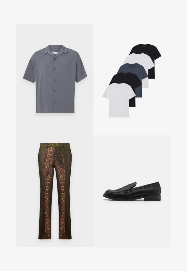 Camisa de manga corta, abotonada en gris oscuro, fabricada con una tela suave. Presenta un cuello extendido y seis botones frontales. Diseño minimalista.; Conjunto de cinco camisetas en negro, blanco y azul marino. Tejido de algodón, de manga corta, diseño de cuello redondo y textura lisa sin patrones.; Pantalones verdes con estampado de serpiente en tonos marrones y naranjas, de corte recto y textura suave.; Mocasines de cuero negro con un acabado suave, punta redondeada y una pequeña solapa decorativa. Presentan un tacón bajo y apilado, así como un detalle sutil de marca.