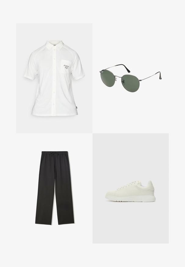 Weißes Polo-Shirt mit kurzen Ärmeln, Knopfleiste, strukturiertem Stoff und einer linken Brusttasche mit schwarzem gesticktem Text.; Schwarze Hose mit elastischem Bund, Kordelzug und Seitentaschen, mit lockerem Schnitt und geraden Beinen.; Weiße Leder-Sneaker mit texturiertem Obermaterial, runder Zehenpartie, flacher weißer Sohle und tonalen Schnürsenkeln. Dezentes Branding auf der Zunge.; Metallgestellte Sonnenbrille mit ovalen grünen Gläsern. Dünner silberner Metallrahmen und schwarze Ohrstücke. Minimalistisches Design, keine sichtbaren Logos.