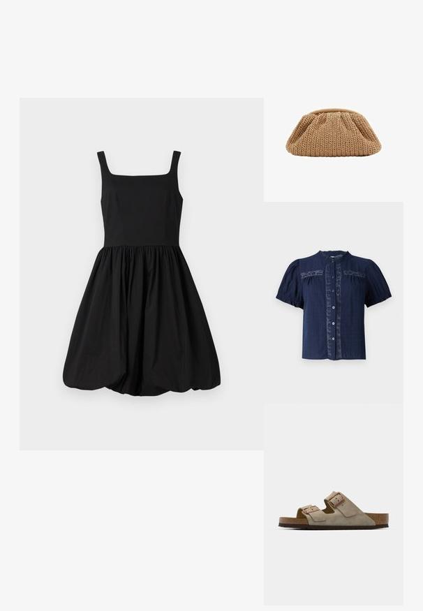 Námořnická modrá krátkosrstá blůza s texturovanou tkaninou, s krajkovými detaily a zapínáním na knoflíky vpředu s kulatým límcem.; Černé šaty bez rukávů s čtvercovým výstřihem, přiléhavým korzetem a nařasenou, rozšířenou sukňou končící zaobleným lemem. Hladký materiál.; Béžové semišové sandály se dvěma nastavitelnými popruhy, s měděnými kovovými prvky a korkovou stélkou pro pohodlí, umístěné na texturované podrážce.; Pletená béžová kabelka s nařaseným designem a zaobleným tvarem, s texturovaným povrchem a měkkým horním otvorem.