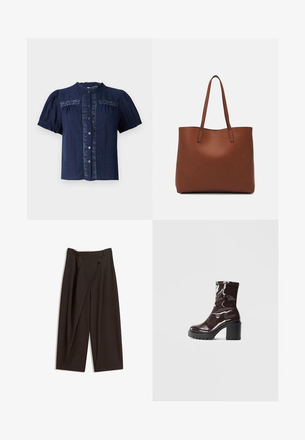 Blusa blu navy a maniche corte con tessuto strutturato, caratterizzata da dettagli in pizzo e una chiusura a bottoni con colletto rotondo.; Pantaloni a gamba larga marrone scuro con vita alta, dotati di una chiusura con bottone singolo e una parte anteriore plissettata. Realizzati in tessuto leggero.; Stivale alla caviglia bordeaux lucido con un tacco spesso nero, caratterizzato da una superficie liscia e un design semplice. Nessuna chiusura visibile o motivo.; Borsa tote in pelle marrone con texture liscia, design con apertura superiore e due spallacci. Presenta cuciture minime e nessun hardware visibile.