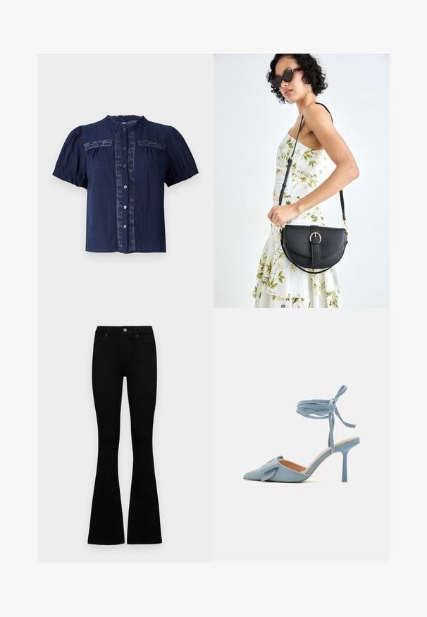 Bluză bleumarin cu mânecă scurtă, dintr-un material texturat, având detalii din dantelă și un închidere cu nasturi pe prindere, cu guler rotund.; Jeans negri cu talie înaltă, cu închidere prin nasture și fermoar, buzunare frontale și picioare evazate, așezați pe un fundal alb.; Pantof cu toc înalt, cu vârful ascuțit, dintr-un material light blue cu o textură fină, având o fundiță decorativă și o curea la gleznă pentru o ajustare sigură.; Geantă din piele neagră, cu o formă curbată, curea detașabilă și accesorii aurii. Geanta are un capac cu un detaliu tip cataramă.