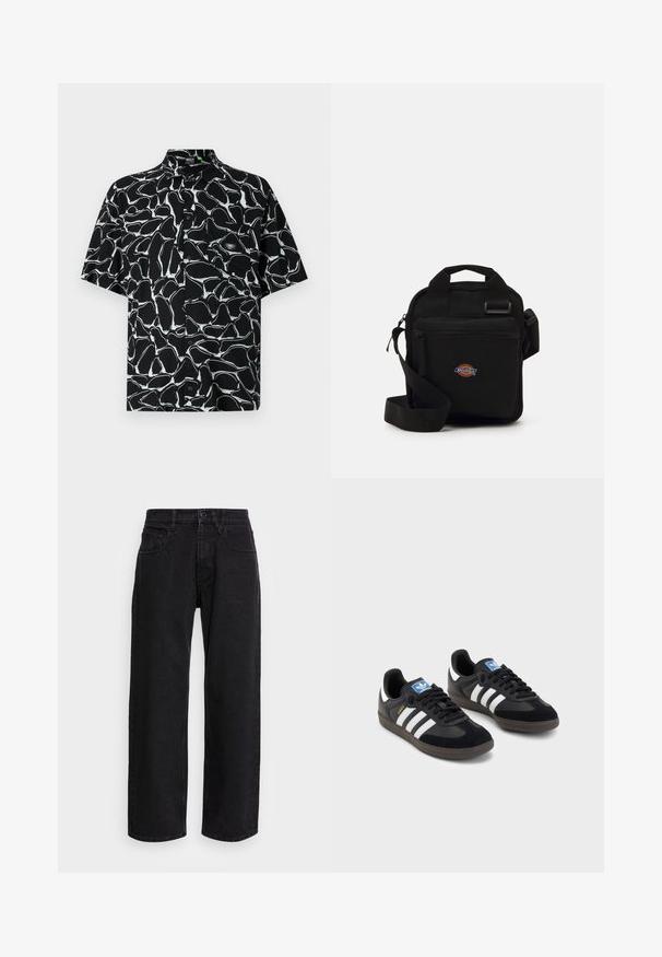 Camicia nera a maniche corte con un motivo astratto bianco, design con bottoni e un piccolo logo ricamato sulla tasca del petto.; Pantaloni larghi in denim nero con vita alta, dotati di cinque tasche e chiusura con bottone. Il tessuto ha una consistenza liscia e una leggera elasticità.; Sneakers neri con tomaia in suede e materiale sintetico, caratterizzati da tre strisce bianche, suola in gomma testurizzata e etichetta blu sul linguetta.; Borsa a tracolla nera con tasca con zip, forma rettangolare, realizzata in tessuto, con una patch del logo sul davanti e spallaccio regolabile.