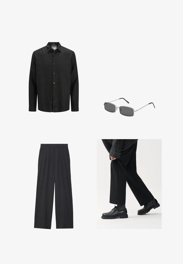 Camicia nera a maniche lunghe in lino, con chiusura a bottoni sul davanti, colletto a punte e polsini con chiusura a bottone. Texture liscia.; Canotta nera a coste con scollatura rotonda e ampie aperture per le braccia, realizzata in un morbido tessuto elasticizzato. Etichetta: Pull&Bear.; Pantaloni a gamba larga realizzati in tessuto grigio scuro. Presentano pences in vita, un design sartoriale e una silhouette dritta.; Scarpe in pelle nera con punta arrotondata, design con lacci e suola spessa e texture. Indossate con pantaloni neri su misura e un maglione a coste.; Occhiali da sole a forma rettangolare con lenti grigio scuro, sottile montatura in metallo argentato e punte delle tempie rivestite in gomma nera. Design minimalista.; Orologio con cinturino in pelle nera, cassa rotonda in argento, quadrante grigio, numeri romani bianchi e display della data per mercoledì.; Collana d'argento con un pendente rettangolare dal design intricato, una catena fine e un fermo regolabile per la regolazione della lunghezza.