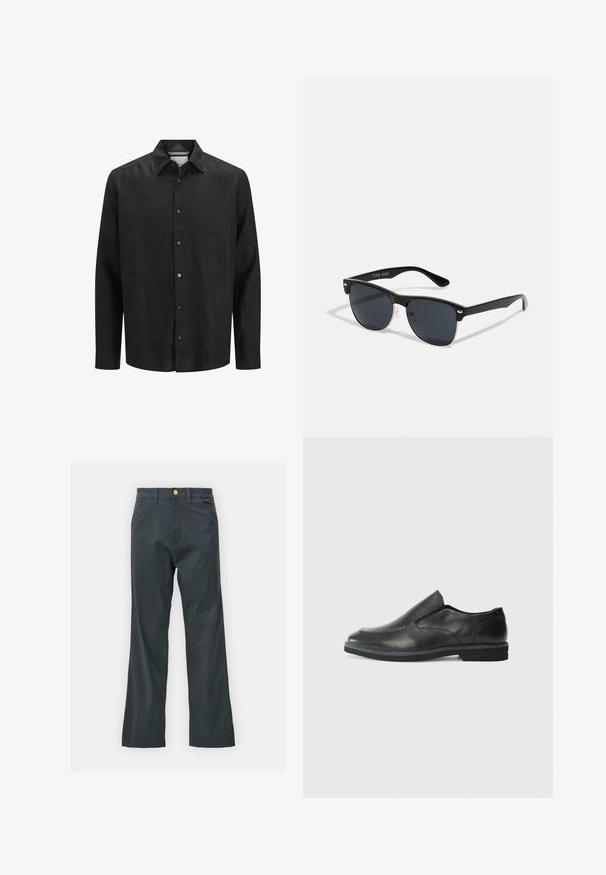 Čierna košeľa s dlhým rukávom z ľanu, so zapínaním na gombíky vpredu, špicatým golierom a manžetami so zapínaním na gombíky. Hladká textúra.; Čierne nohavice so straight leg strihom, vyrobené z bavlnenej zmesi. Majú kovové zapínanie a bočné vrecká. Bez viditeľných vzorov.; Čierny kožený nazúvací topánka s hladkým zvrškom, prešitými akcentmi, zaoblenou špičkou a nízkym gumovým podpätkom. Podošva má minimálny dezén.; Čierne slnečné okuliare s obdĺžnikovým tvarom, tmavými sklami, striebornými akcentmi na bočných okrajoch a matným povrchom rámu.