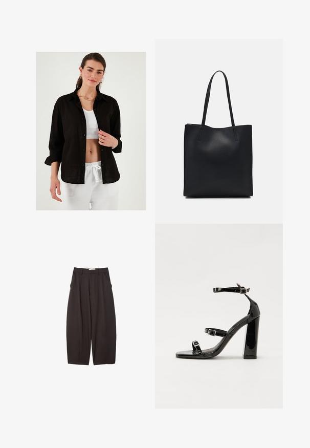 Schwarze Leinenbluse mit lockerer Passform, Knopfleiste und hochgekrempelten Ärmeln, über einem weißen gerippten Oberteil getragen. Weiße Jogginghose mit Kordelzug.; Schwarze weit geschnittene Hosen aus einem glatten Stoff, mit hoher Taille, Frontfalten und Seitentaschen. Schlichtes Design ohne Verzierungen.; Schwarze patentierte Sandalen mit Absatz, quadratischer Spitze, Knöchelriemen und silbernen Schnallen. Mit einem stabilen Blockabsatz für mehr Stabilität.; Schwarze Laptoptasche aus Leder mit glatter Textur, rechteckiger Form und zwei langen Griffen. Keine sichtbaren Beschläge oder Verzierungen.