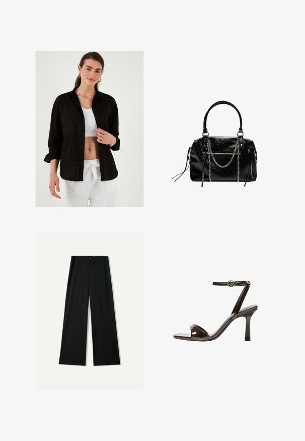 Fekete vászon ing laza szabással, gombos elülső résszel és feltekert ujjal, egy fehér bordázott felsőre rétegezve. Fehér kötős nadrág.; Bershka WIDE - Nadrágok - black; Barna lakkbőr magassarkú szandál, bokaheggyel, nyitott orral és letisztult, minimalista dizájnnal. Négyzet alakú sarokkal rendelkezik.; Bershka WITH CHAIN - Kézitáska - black