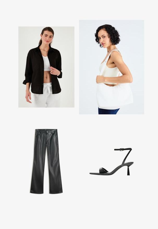 Black linen shirt with a relaxed fit, button-down front, and rolled-up sleeves, layered over a white ribbed top. White drawstring pants.; Black faux leather flared pants with a smooth texture, five-pocket design, front zipper, and contrasting stitching.; Bershka High heeled sandals - black; White shoulder bag made of smooth material, featuring an oval cutout and wide strap design. Simple and modern with no visible hardware.