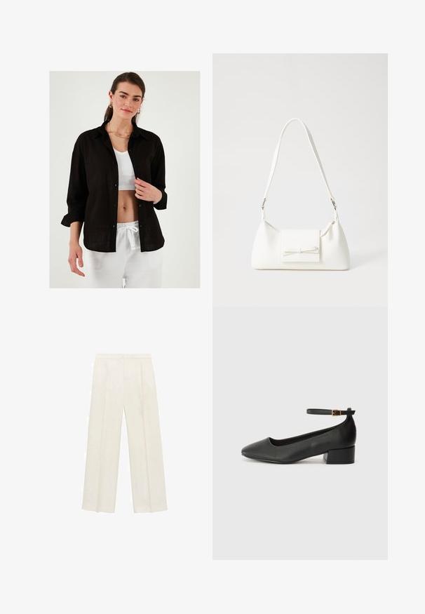 Black linen shirt with a relaxed fit, button-down front, and rolled-up sleeves, layered over a white ribbed top. White drawstring pants.; Wide-legged trousers in a light cream color. Made from a smooth fabric with pleats at the front and side pockets.; Black leather pump with a pointed toe and a low block heel. Features an ankle strap with a gold-tone buckle. Smooth texture.; White synthetic handbag with a triangular shape, flat front flap and bow detail, adjustable strap, smooth texture, and minimalistic design.