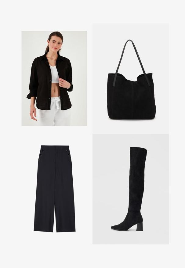 Sort linned skjorte med en afslappet pasform, knaplukning foran og opsmøgede ærmer, lagd over en hvid ribbet top. Hvide bukser med snøre.; Bredde bukser i mørkeblå stof med en glat tekstur, frontplisseringer og dekorative guldfarvede øjenlåg ved sidelommerne.; Sorte ruskind støvler i knæhøjde med blokheel, spids tå og glat, sømløs design på en enkel lys baggrund.; Sort ruskinds totemed med to lange, flade læderremme. Har en buet topkant og synlige stikninger langs forsiden. Ingen hardware-dekorationer.