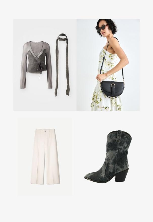 Gray wrap top featuring a knitted bodice with a sheer long-sleeve overlay and a matching knitted scarf. Ties at the waist for adjustable fit.; Cream wide-leg trousers with a tailored design, featuring two front pockets and a single front button closure, made from smooth fabric.; Denim ankle boots in black and gray, featuring a pointed toe, layered design, and a stacked heel. Silver accent on the toe.; Black leather handbag with a curved shape, detachable strap, and gold hardware. The bag features a flap with a buckle detail.