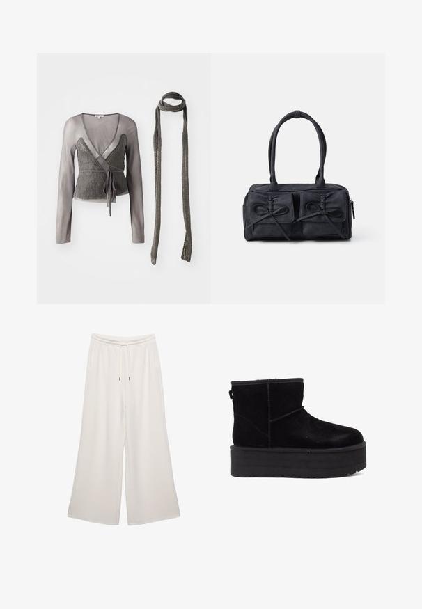 Grå indpakket top med en strikket krop og en gennemsigtig langærmet overlay samt et matchende strikket tørklæde. Binder i taljen for justerbar pasform.; Cremefarvede bredbenede bukser lavet af blødt stof, med elastisk talje, snørrebånd og sidelommer. Glat tekstur.; Sorte suede ankelstøvler med en tyk platformsål og blødt foer. Afsluttet med stikninger og en bageste strop for nem påtagning.; Sorte stof håndtaske med to frontlommer med sløjfedetaljer, dobbelte håndtag og lynlåslukning. Blød tekstur og rektangulær form.