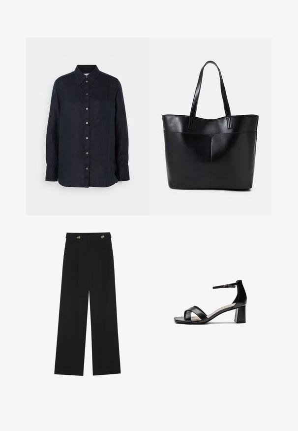 Dark navy long-sleeve button-up shirt made of linen, featuring a pointed collar, a chest pocket, and a six-button front closure.; Black wide-leg trousers with high waist, button details on waistband, and front pleats.; Black open-toe heeled sandal with crossed straps, adjustable ankle strap, and a chunky heel, featuring a smooth leather texture.; Black leather tote bag with two long handles, a smooth texture, and a structured shape. Features a front pocket for additional storage.