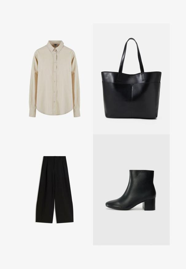 Beige overhemd met lange mouwen van katoen, met een knoopsluiting aan de voorkant, puntige kraag en één borstzak. Zachte textuur, relaxte pasvorm.; Zwarte wijde pijpen broek van gladde stof, met een hoge taille, plooien aan de voorkant en geen zichtbare versieringen of patronen.; Zwarte leren enkellaarzen met een spitse neus en een chunky hak. Gladde textuur met minimale accenten en een slank, strakk ontwerp.; Zwarte leren tote bag met twee lange handvatten, een zachte textuur en een gestructureerde vorm. Voorzien van een voorvak voor extra opslagruimte.