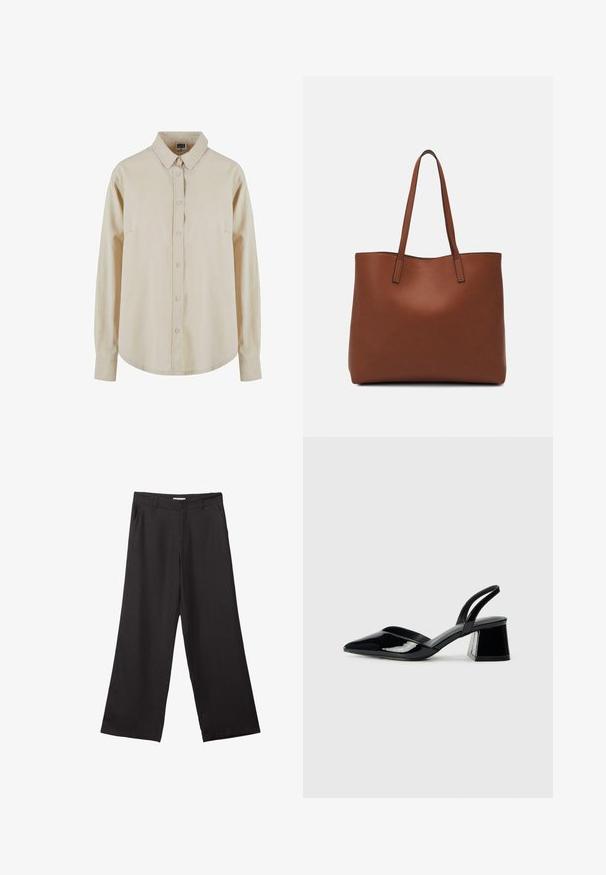 Beige Langarmhemd aus Baumwolle mit einer Knopfleiste, spitzem Kragen und einer einzelnen Brusttasche. Weicher Stoff, entspannte Passform.; Schwarze weite Hosen aus glattem Stoff, mit einem Reißverschluss vorne und zwei seitlichen Taschen, maßgeschneiderter Passform und minimalistischem Design.; Schwarze Lackleder-Slingback-High Heels mit spitzem Schuh und einem geometrischen Blockabsatz. Verfügt über ein schlankes, minimalistisches Design und eine glatte Textur.; Braune Leder-Tote mit glatter Textur, offenem Oberteil und zwei Schulterriemen. Verfügt über minimale Nähte und keine sichtbaren Beschläge.