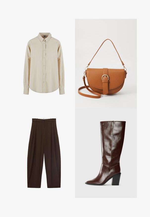 Beige pitkähihaine paita, joka on valmistettu puuvillasta. Sen etupuolella on napitus, terävä kaulus ja yksi rintatasku. Pehmeä kangas, rento malli.; Ruskeat korkeavyötäröiset housut, joissa on laskokset, valmistettu sileästä kankaasta. Rentoa istuvuutta, suora lahjemuoto, varustettu vyölenkeillä ja vetskarilla.; Korkea tummanruskea nahkasaapas, jossa on terävä kärki ja pinottu korko, esitetty sivusta yksinkertaista taustaa vasten.; Ruskean nahkainen olkalaukku, jossa on kaareva muoto, kultaiset yksityiskohdat ja solkiyksityiskohta. Varustettu irrotettavalla olkahihnalla.