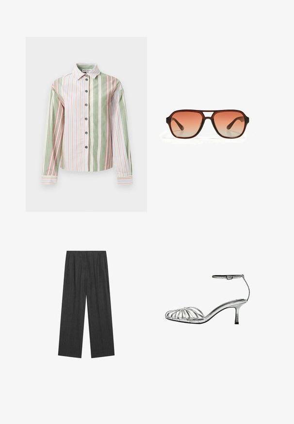Striped button-up shirt in green, white, and pink. Features a collar, long sleeves, and a curved hem with contrasting cuffs and buttons.; Grey pleated wide-leg trousers made from textured fabric with subtle pinstripes, featuring a high waist and full-length design.; Silver strappy sandal with a low heel, featuring multiple crisscross straps, an ankle strap with a buckle, and a smooth, shiny texture.; Brown sunglasses with a rectangular frame and gradient orange lenses. The frame has a matte finish, featuring a central cutout detail.