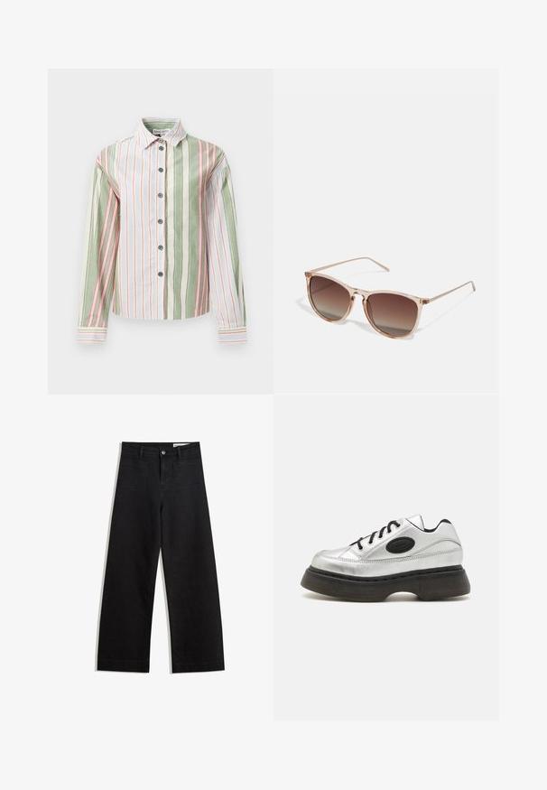 Gestreiftes Hemd in Grün, Weiß und Pink. Verfügt über einen Kragen, lange Ärmel und einen gebogenen Saum mit kontrastierenden Manschetten und Knöpfen.; Schwarze weit geschnittene Jeans mit hoher Taille, ausgestattet mit Vorder- und Hintertaschen, gesteppten Nähten und einem Knopfverschluss. Glatte Textur.; Silberne Leder-Sneaker mit schwarzen Schnürsenkeln, einer abgerundeten Spitze und einer dicken Gummisohle. Mit einem markanten Logo-Patch an der Seite.; Braune Farbverlauf-Sonnenbrille mit einem durchscheinenden rosa Rahmen, quadratischer Form und dünnen Metallbügeln. Verfügt über abgerundete Kanten und minimale Details.