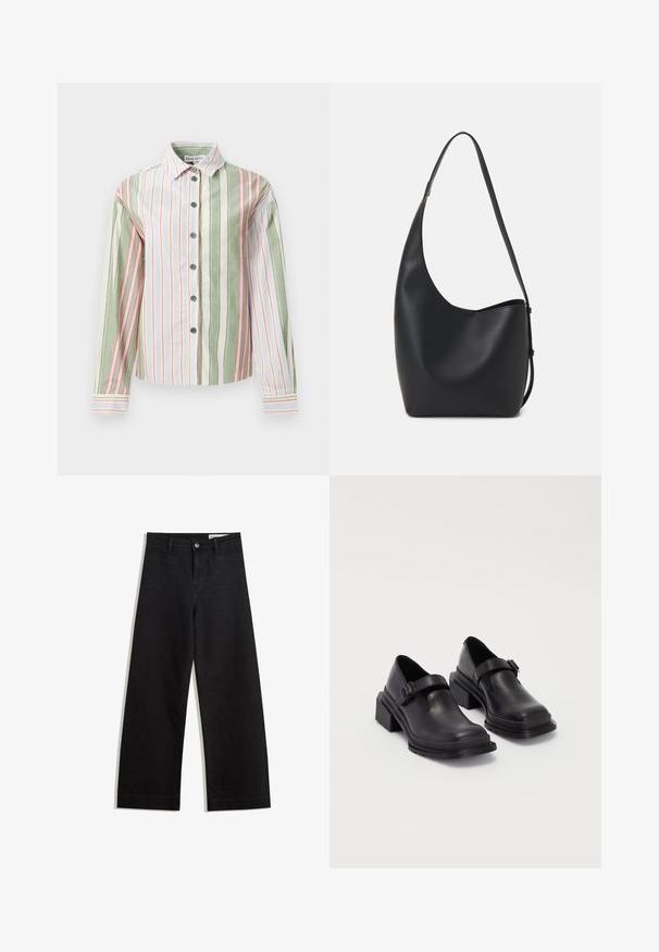 Gestreept overhemd in groen, wit en roze. Heeft een kraag, lange mouwen en een afgeronde zoom met contrasterende manchetten en knopen.; Zwarte denim broek met wijde pijpen en een hoge taille, voorzien van voor- en achterzakken, gestikte naden en een knoopsluiting. Gladde textuur.; Zwarte leren schoenen met een ronde neus, platte zool en een band met een gespdetail. Stevige blokhak voor extra stabiliteit.; Zwarte leren hobo tas met een gladde textuur, kromme vorm en een enkele verstelbare schouderband; heeft een brede opening aan de bovenkant.