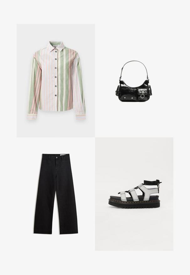 Prugasta košulja s dugim rukavima u zelenoj, bijeloj i ružičastoj boji. Ima ovratnik, duge rukave i zakrivljen rub s kontrastnim manžetama i gumbima.; Crne široke traperice s visokim strukom, s prednjim i stražnjim džepovima, šivenim šavovima i kopčanjem na gumb. Glatka tekstura.; Crne platforme sandale s sivim trakama, koje se ističu kontrastnim žutim šavovima, s podesivim vezanjem oko gležnja i strukturiranom potplatom.; Crna patentna kožna torba s zakrivljenim oblikom, jednim remenom za rame, prednjim džepovima i akcentima od srebrnog tona.