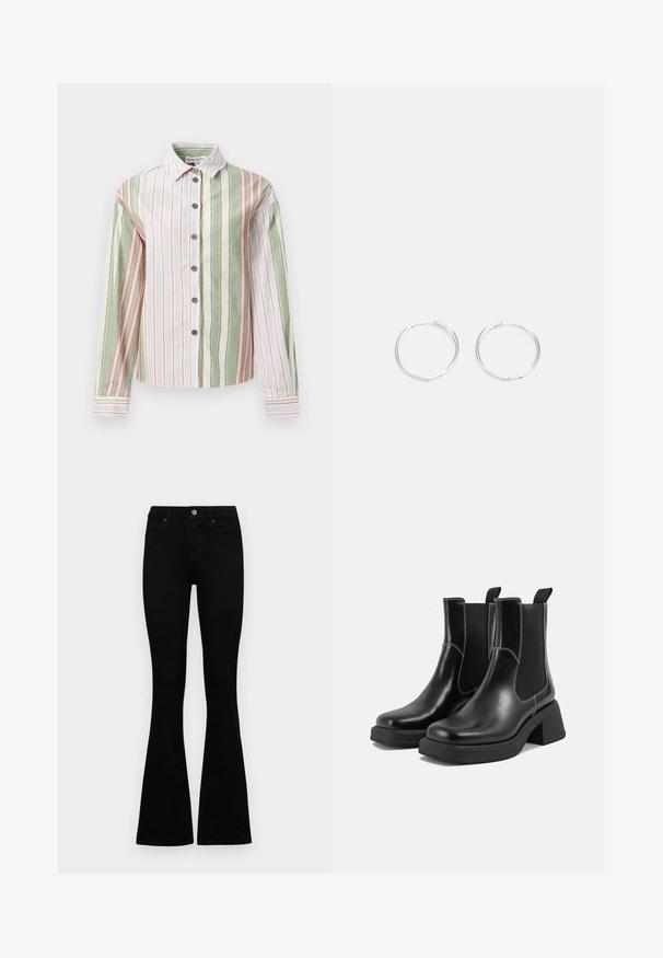 Pruhovaná košile s knoflíky v zelené, bílé a růžové barvě. Má límec, dlouhé rukávy a zakřivený lem s kontrastními manžetami a knoflíky.; Černé vysoké džíny s knoflíkem a zipovým zapínáním, předními kapsami a rozšířenými nohavicemi, ležící na bílé podložce.; Černé kožené chelsea boty s masivním podpatkem, elastickými bočními panely a kontrastním bílým prošitím. Texturovaný povrch.; Stříbrné kruhové náušnice s elegantním, kulatým designem, s hladkým povrchem a bez viditelných ozdob. Průměr není specifikován.