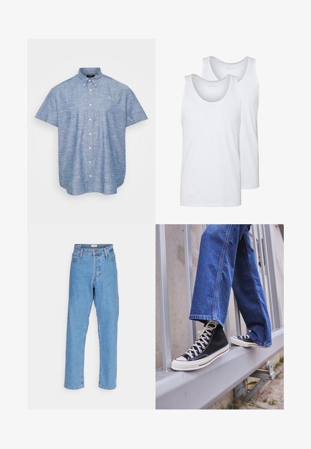 Košile s krátkým rukávem v světle modrém chambray materiálu, se strukturovaným límcem, předními knoflíky a malým emblémem na hrudi.; Bílé bavlněné tílka s kulatými výstřihy, s hladkou texturou. Dva kusy vystavené s označením "PIER ONE."; Světle modré džínové kalhoty s vysokým pasem, rovnými nohavicemi, zapínáním na přední knoflík a zip, poutky na opasek a pěti kapsami na bílém pozadí.; Černé vysoké tenisky s bílou podrážkou a tkaničkami, v kombinaci s volnými modrými džíny, odpočívající na šedém zábradlí.