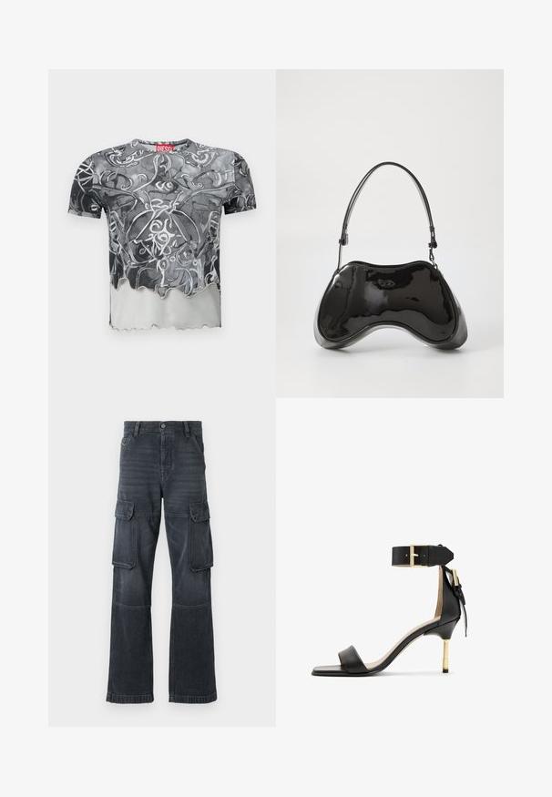 Juodai ir pilkai trumpomis rankovėmis marškinėliai su abstrakčiu besisukančiu raštu, su banguotu apatine dalimi ir raudonu etiketu ant iškirpės.; Tamsiai pilki džinsiniai krovinių kelnės su dviem šoninėmis kišenėmis ir plačiomis kojomis. Siuvinėjimas palei siūles ir kraštus.; Juodas odinis aukštakulnis šlepetės su kvadrato formos pirštu, kulkšnies dirželiu su auksiniu užsegimu ir liesu metaliniu kulnu. Lygus paviršius, minimalistinis dizainas.; Juodas lakuotas odos rankinės maišelis su unikalia kreiva forma, trumpu reguliuojamu rankenėle ir užtrauktuku viršuje. Lygus tekstūra su subtiliu ženklinimu.