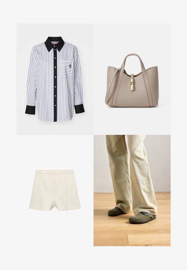Witte button-up shirt met dunne marineblauwe verticale strepen, zwarte kraag en knopenlijst, enkele borstzak en metalen knopen.; Crèmekleurige shorts met een getailleerde pasvorm, voorzien van een zachte textuur, vlakke voorkant en subtiele plooien. Eenvoudig ontwerp zonder versieringen.; Persoon in lichtbeige wijde broek en olijfgroene suede instappers met een gesp op een lichte houten vloer.; Beige leren schoudertas met dubbele handgrepen, een gouden sluiting en een gestructureerd ontwerp met contrasterende gladde en textuur panelen.; Zilveren oorbellen in de vorm van een gladde, gepolijste ring. Ronde vorm met een veilige kliksluiting. Lichtgewicht ontwerp, geschikt voor dagelijks gebruik.