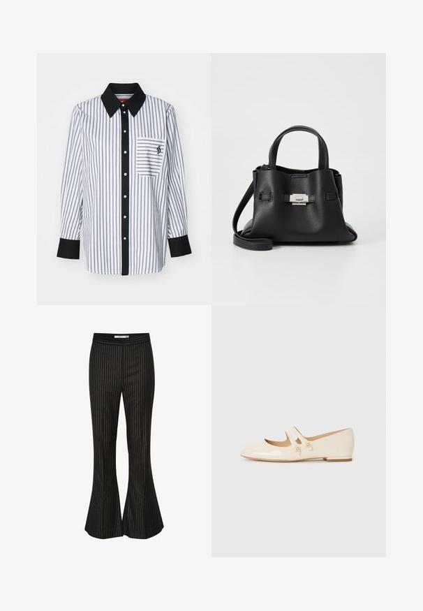 Biała koszula z guzikiem, z cienkimi niebieskimi pionowymi paskami, czarnym kołnierzykiem i listwą guzikową, pojedynczą kieszenią na piersi oraz metalowymi guzikami.; Czarne spodnie w kant z białymi pionowymi paskami, o gładkiej fakturze i dopasowanej talii, zaprojektowane na skrojoną sylwetkę.; Białe lakierowane baleriny z dwoma dekoracyjnymi paskami i złotymi guzikami, z okrągłym noskiem i niskim obcasem w kształcie słupka.; Czarna skórzana torebka z teksturowanym wykończeniem, wyposażona w dwie górne rączki, odczepiany pasek na ramię oraz detal w postaci srebrnego zapięcia.