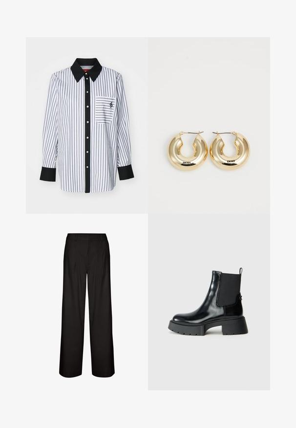 Balta marškiniai su plonais tamsiai mėlynais vertikaliais ruožais, juodu apykakle ir sagų juosta, vienu krūtiniu kišenė, ir metalinėmis sagomis.; Juodos plačios kojų kelnės su raukiniais, pagamintos iš lengvos medžiagos. Turi lygų tekstūrą ir tiesų siluetą nuo liemens iki rankovių.; Juodos kulkšninių batai iš blizgaus odos su elastinėmis šoninėmis dalimis, kilpos užtraukimui ir masyviu guminėmis padanga, turinčia tekstūruotą protektorių.; Auksinės auskarų lankeliai su lygiu, suapvalintu dizainu ir blizgiu paviršiumi, turintys užsegimą. Išgraviruota "DKNY."