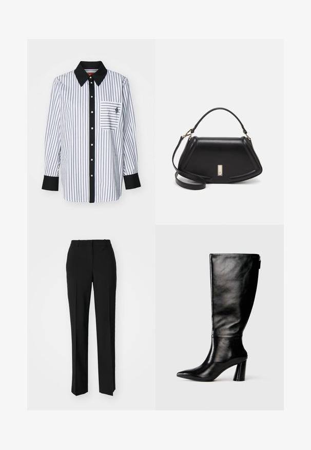 Chemise blanche à boutons avec de fines rayures verticales bleu marine, col noir et patte de boutonnage, poche poitrine unique et boutons métalliques.; Pantalon noir ajusté avec une coupe droite, présentant une texture lisse et des plis nets sur le devant. Aucune quincaillerie visible.; Botte en cuir noir à hauteur de genoux avec un bout pointu, une texture lisse et un talon épais. Elle présente un zip à l'arrière.; Sac à main en cuir noir avec un design structuré, featuring une forme cropped, une poignée supérieure et des accents en matériel doré. Bandoulière réglable incluse.
