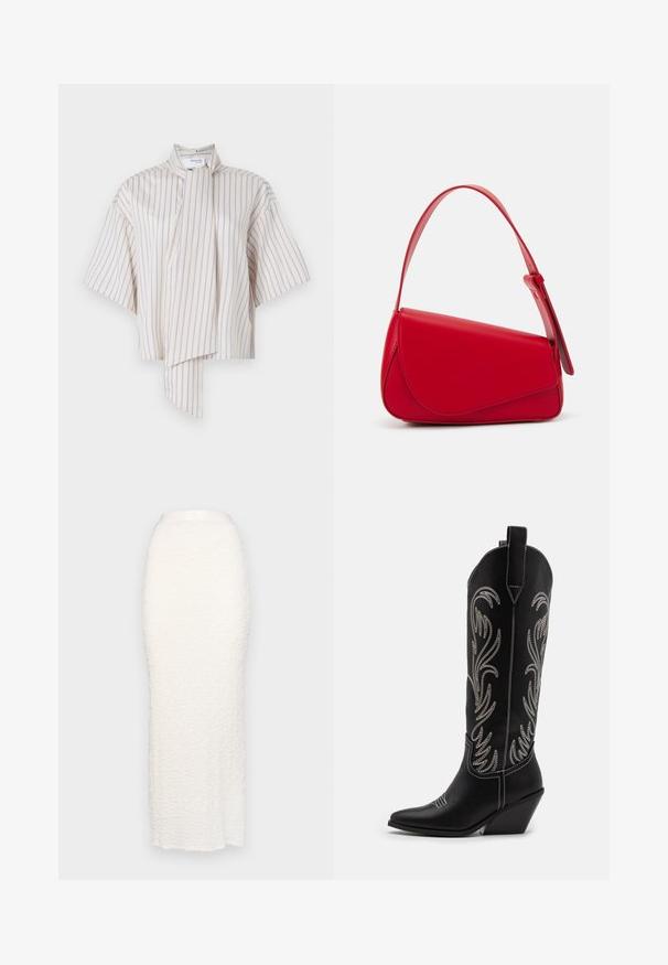 Short-sleeve blouse in cream with vertical lavender stripes. Features a mandarin collar and a tie detail at the neckline. Smooth fabric texture.; Gina Tricot STRUCTURE MAXI SKIRT - Maxi skirt - white; Black leather cowboy boots with pointed toes, wedge heels, and silver embroidered floral patterns along the shaft. Contrast stitching throughout.; Red leather handbag with an angular, geometric design. Features a single adjustable strap and a flap closure with stitched detailing.