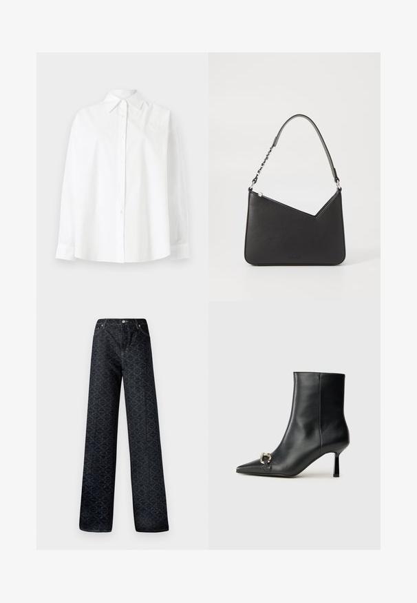 Witte button-up shirt van katoen, met een klassieke kraag, lange mouwen en subtiele hartborduursel aan de bovenlinkerkant.; Donkerblauwe wijde spijkerbroek met een geometrisch patroon, gemaakt van denim. Voorzien van metalen knoop, ritssluiting en gestikte voorkruiszakken.; Zwarte leren enkelboot met spitse neus, slanke middenhoge hak en zilveren gespdetail aan de zijkant op een effen achtergrond.; Zwart leren handtas met een driehoekige vorm, een slanke strap en zilveren hardware. Voorzien van een ritssluiting en een reliëflogo op de voorkant.