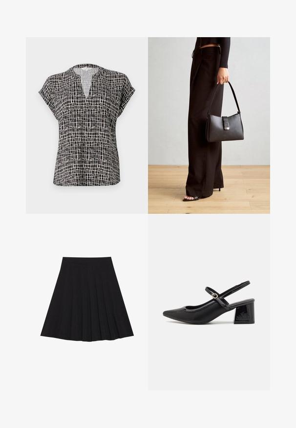 Fekete, rövid ujjú blúz, rácsozatmintával. V nyakú és laza szabású. Könnyű, sima textúrájú anyagból készült.; Fekete, pliszírozott szoknya texturált anyagból, szűk derékpánttal. Térd alá ér, sima, letisztult vonalvezetéssel.; Fekete lakk bőr, pántos magassarkú cipő, hegyes orral, lekerekített kivágással és tömbsarkal. Arany színű csat díszíti.; Fekete kézi táska strukturált formával, sima textúrával és fémből készült záródással. Széles fekete nadrággal és nyitott orrú szandállal párosítva, fából készült padlón.