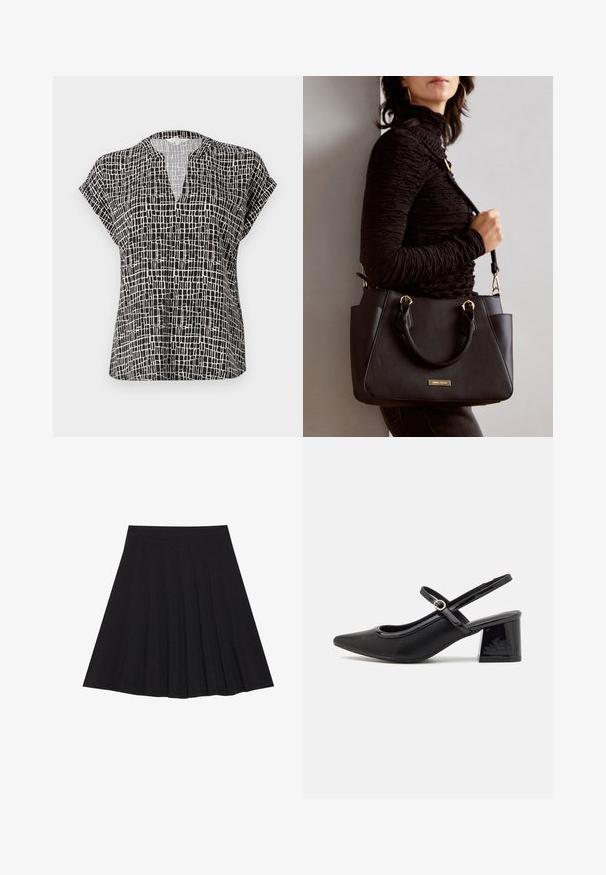 Blouse à manches courtes en noir avec un motif à carreaux. Dotée d'un col en V et d'une coupe décontractée. Fabriquée en tissu léger avec une texture lisse.; Jupe plissée noire en tissu texturé avec une taille ajustée. Arrive au genou, présentant une silhouette lisse et épurée.; Escarpins slingback en cuir verni noir avec un embout pointu, un design à découpes arrondies et un talon carré. Présente un accent de boucle en ton doré.; Sac à main noir avec surface texturée, deux poignées supérieures et bandoulière réglable. Doté de quincaillerie dorée et de poches latérales.