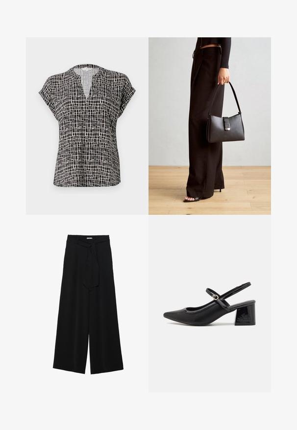 Short-sleeved blouse in black with a grid pattern. Features a V-neck and a relaxed fit. Made of lightweight fabric with a smooth texture.; Black wide-leg pants featuring a textured fabric, an elastic waistband, and a detachable sash tie at the waist for adjustable fit.; Black patent leather slingback heels with a pointed toe, a rounded cutout design, and a block heel. Features a gold-tone buckle accent.; Black handbag with structured shape, smooth texture, and a metallic clasp. Paired with wide black pants and open-toe sandals on wooden floor.