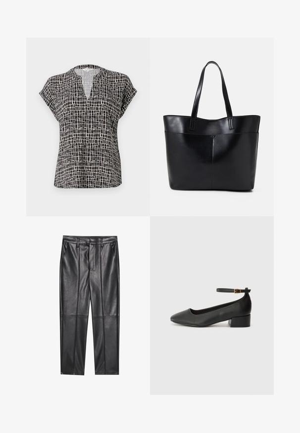 Short-sleeved blouse in black with a grid pattern. Features a V-neck and a relaxed fit. Made of lightweight fabric with a smooth texture.; Black leather trousers with a smooth texture, featuring a straight fit, two front pockets, and visible seam detailing.; Black leather pump with a pointed toe and a low block heel. Features an ankle strap with a gold-tone buckle. Smooth texture.; Black leather tote bag with two long handles, a smooth texture, and a structured shape. Features a front pocket for additional storage.