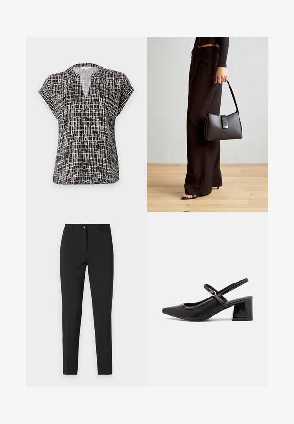 Kortermet bluse i svart med rutenettmønster. Har V-hals og en avslappet passform. Laget av lettveid stoff med en glatt tekstur.; Sorte tettsittende bukser i glatt stoff, med klassisk midjebånd, frontal glidelås og sidelommer, med en strømlinjeformet, skreddersydd design.; Sorte lakk lær slingback hæler med spiss tå, et avrundet utskjæringsdesign og blokkheel. Har en gulltone spenne som detalj.; Svart håndveske med strukturert form, jevn tekstur og metallisk lås. Kombinert med brede svarte bukser og sandaler med åpen tå på tregulv.